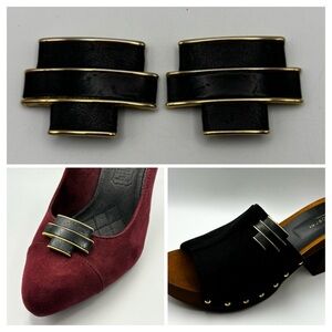 Vintage Bluette France Art Deco Style Shoe Clips - Black Leather & Gold Tone